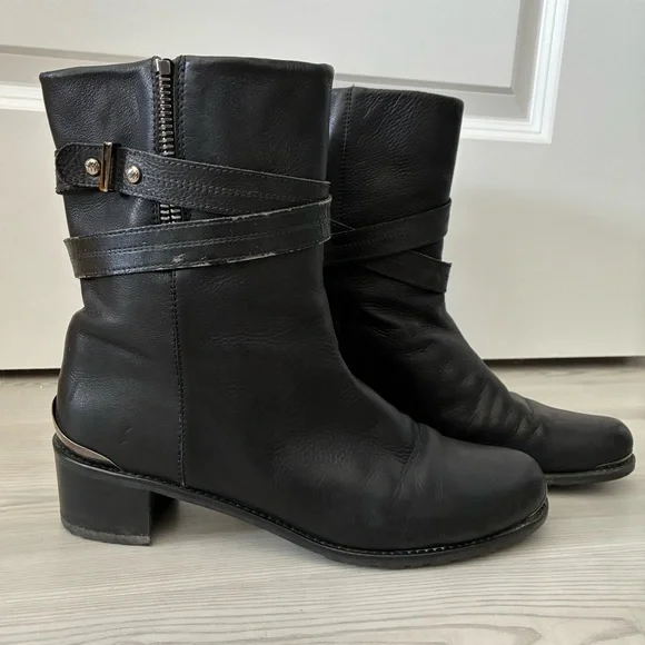 Stuart Weitzman Size 9 Leather Mid-Calf Moto Boots Wrap-Around Strap Boots - Picture 3 of 7